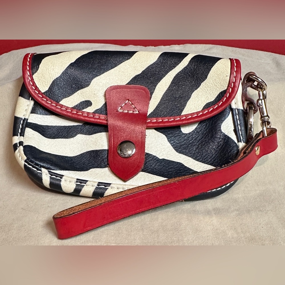 Dooney & Bourke Black & Cream Leather Animal Print Pouch/Wristlet with Red Trim